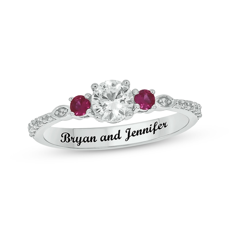 Main Image 1 of Engravable White Lab-Created Sapphire, Lab-Created Ruby & Diamond Ring 1/10 ct tw Sterling Silver