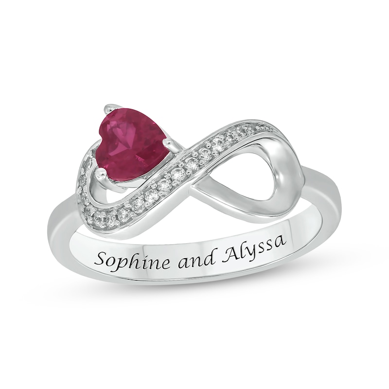 Main Image 1 of Engravable Heart-Shaped Lab-Created Ruby & Diamond Infinity Ring 1/10 ct tw Sterling Silver