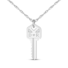 Couple's Initial Diamond Accent Key Necklace Sterling Silver 18&quot;