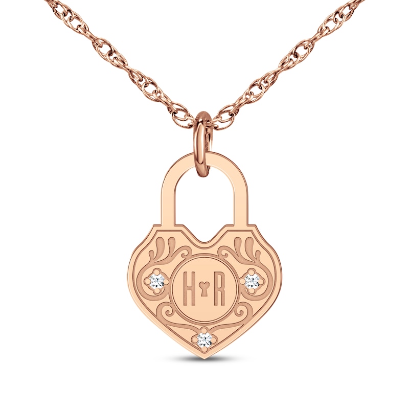 Main Image 1 of Couple's Diamond Accent Heart Lock Necklace 14K Rose Gold 18&quot;