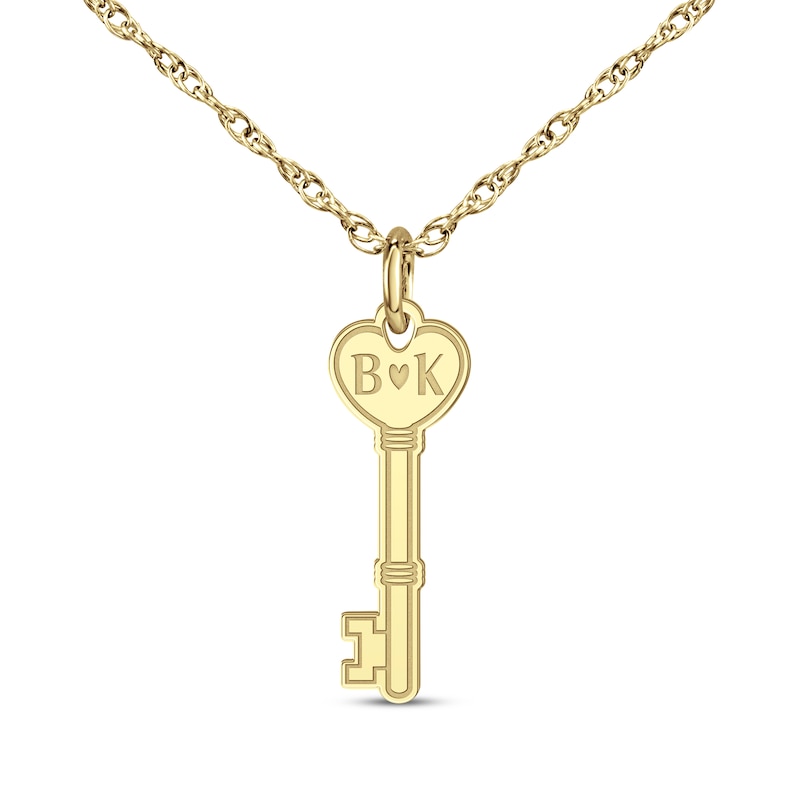 Main Image 1 of Couple's Engravable Heart Key Necklace 14K Yellow Gold 18&quot;