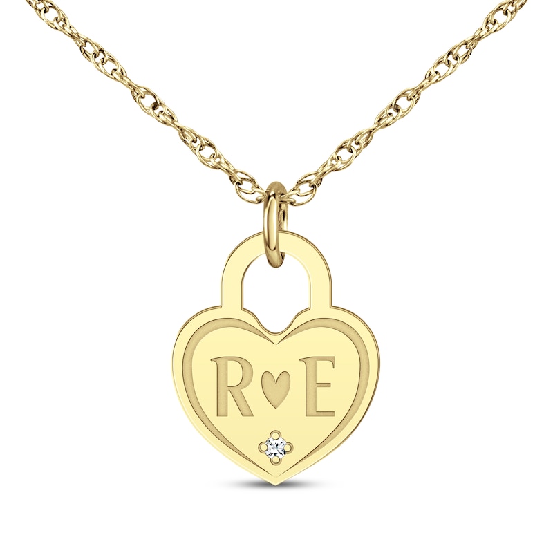 Main Image 1 of Couple's Engravable Diamond Accent Heart Lock Necklace 10K Yellow Gold 18&quot;