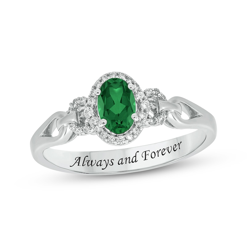 Main Image 1 of Engravable Oval-Cut Lab-Created Emerald & Diamond Ring 1/10 ct tw Sterling Silver