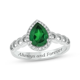 Engravable Pear-Shaped Lab-Created Emerald & Diamond Ring 1/10 ct tw Sterling Silver