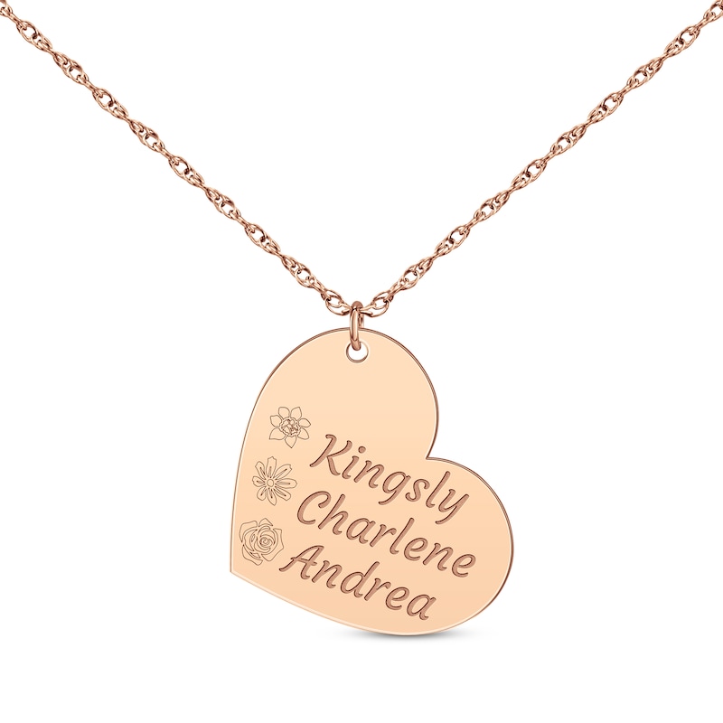 Main Image 1 of Family Birth Flower & Name Tilted Heart Necklace 14K Rose Gold 18&quot;