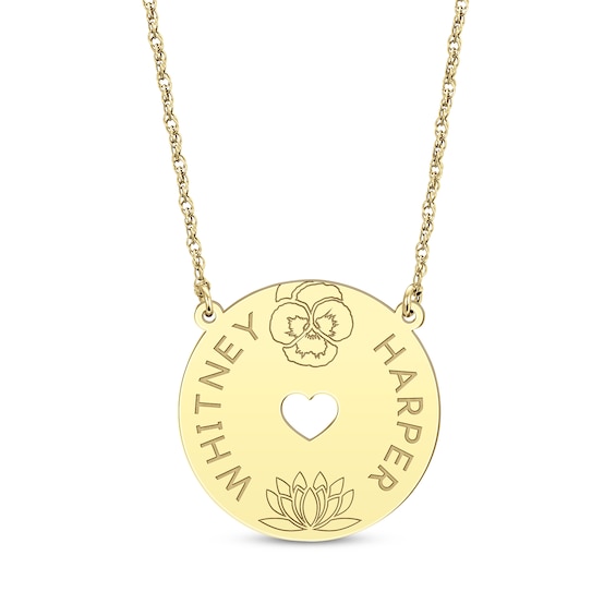 Family Birth Flower & Name Heart Cutout Disc Necklace 10K Yellow Gold 18"