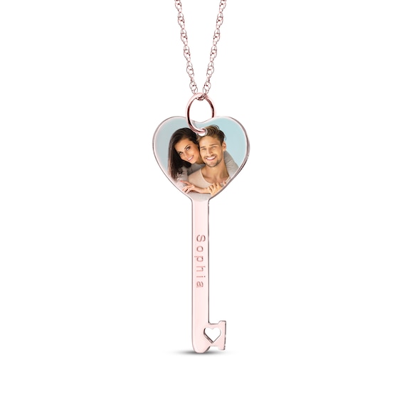 Engravable Heart-Shaped Key Photo Necklace 10K Rose Gold 18"