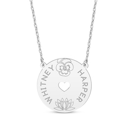 Family Birth Flower & Name Heart Cutout Disc Necklace 14K White Gold 18&quot;