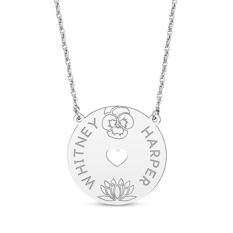 Main Image 1 of Family Birth Flower & Name Heart Cutout Disc Necklace 14K White Gold 18&quot;