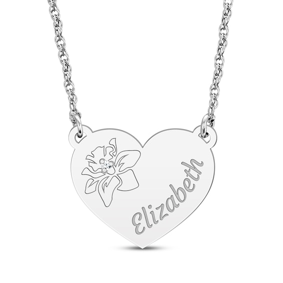 Diamond Accent Birth Month Flower & Name Heart Necklace Sterling Silver 18"
