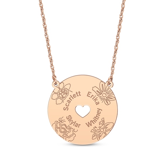 Birth Flower & Family Name Heart Cutout Disc Necklace 14K Rose Gold 18"