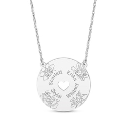 Birth Flower & Family Name Heart Cutout Disc Necklace Sterling Silver 18&quot;