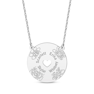 Birth Flower & Family Name Heart Cutout Disc Necklace 14K White Gold 18