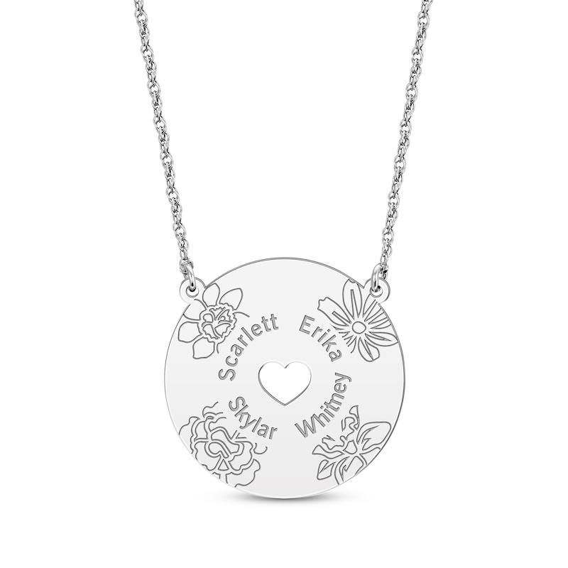 Main Image 1 of Birth Flower & Family Name Heart Cutout Disc Necklace Sterling Silver 18&quot;