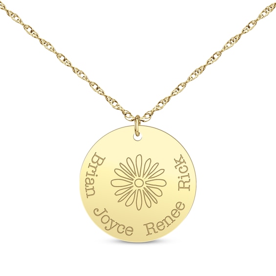 Family Birth Flower & Name Disc Necklace 14K Yellow Gold 18"