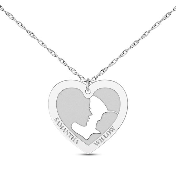 Mom & Baby Silhouette Heart Name Necklace 14K White Gold 18"