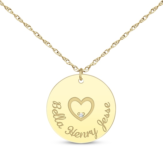 Diamond Accent Family Name Disc Necklace with Heart 10K Yellow Gold 18"