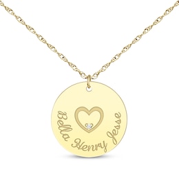 Diamond Accent Family Name Disc Necklace with Heart 14K Yellow Gold 18&quot;