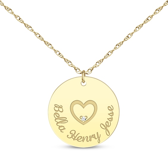 Diamond Accent Family Name Disc Necklace with Heart 14K Yellow Gold 18"