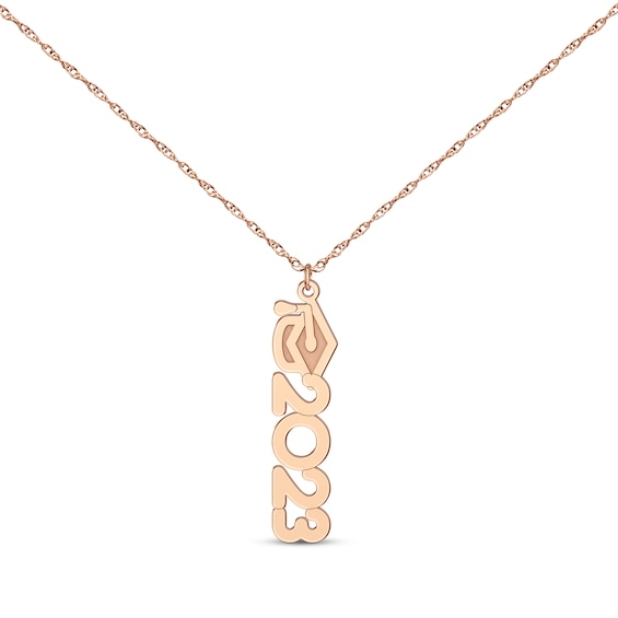 Graduation Cap Vertical Year Necklace 14K Rose Gold 18"