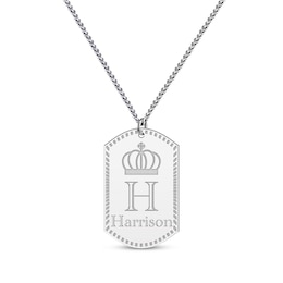 Men's Name & Initial with Crown Dog Tag Necklace Sterling Silver 22&quot;