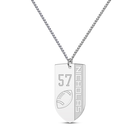 Men's Sport Shield Number & Name Necklace Sterling Silver 22"