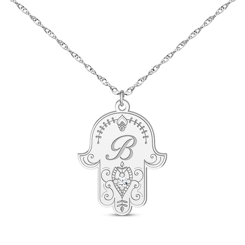 Main Image 1 of Diamond Accent Initial Hamsa Necklace 10K White Gold 18&quot;