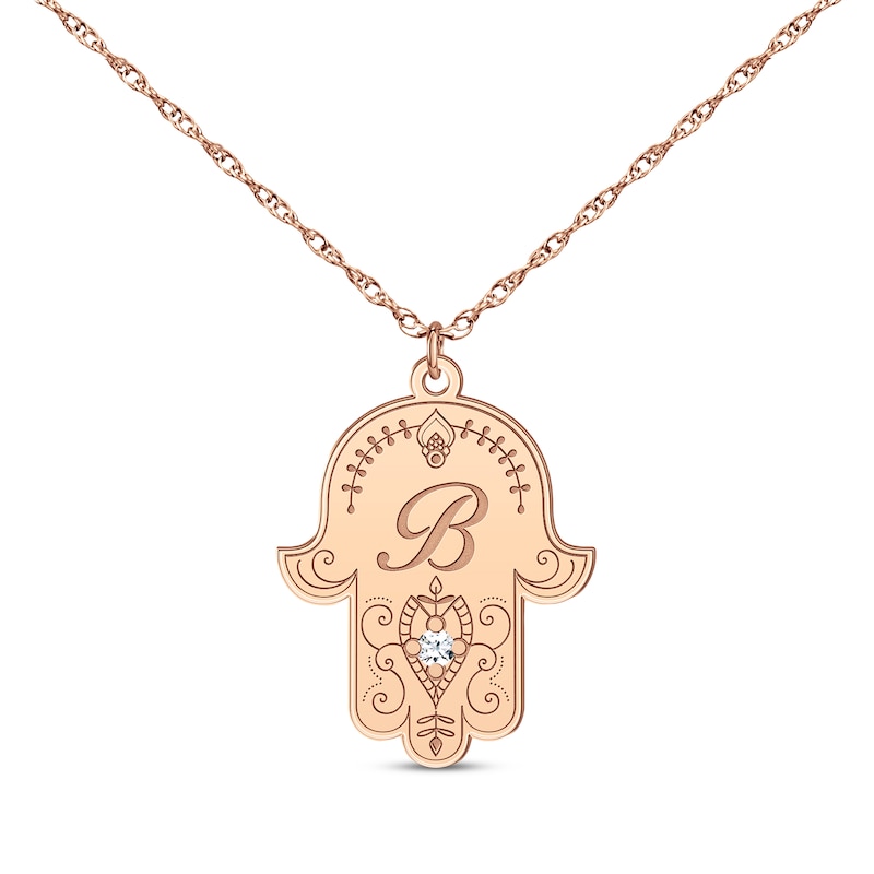 Main Image 1 of Diamond Accent Initial Hamsa Necklace 14K Rose Gold 18&quot;