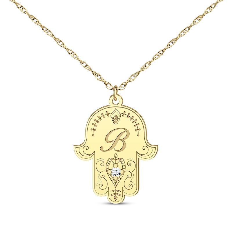 Diamond Accent Initial Hamsa Necklace 14K Yellow Gold 18"