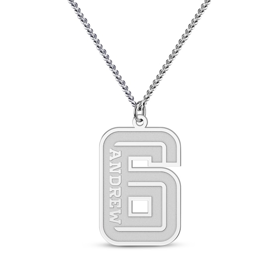 Men's Stencil Sport Number & Name Necklace Sterling Silver 22"