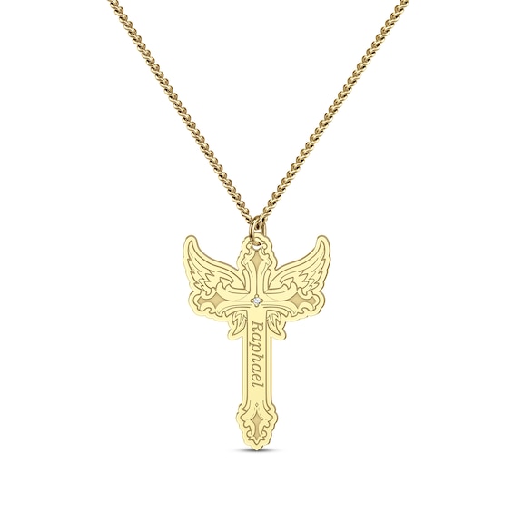 Diamond Accent Winged Cross Name Necklace 10K Yellow Gold 22"