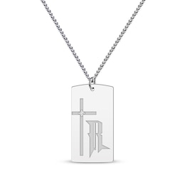 Men's Diamond Accent Cross & Initial Dog Tag Necklace Sterling Silver 22&quot;