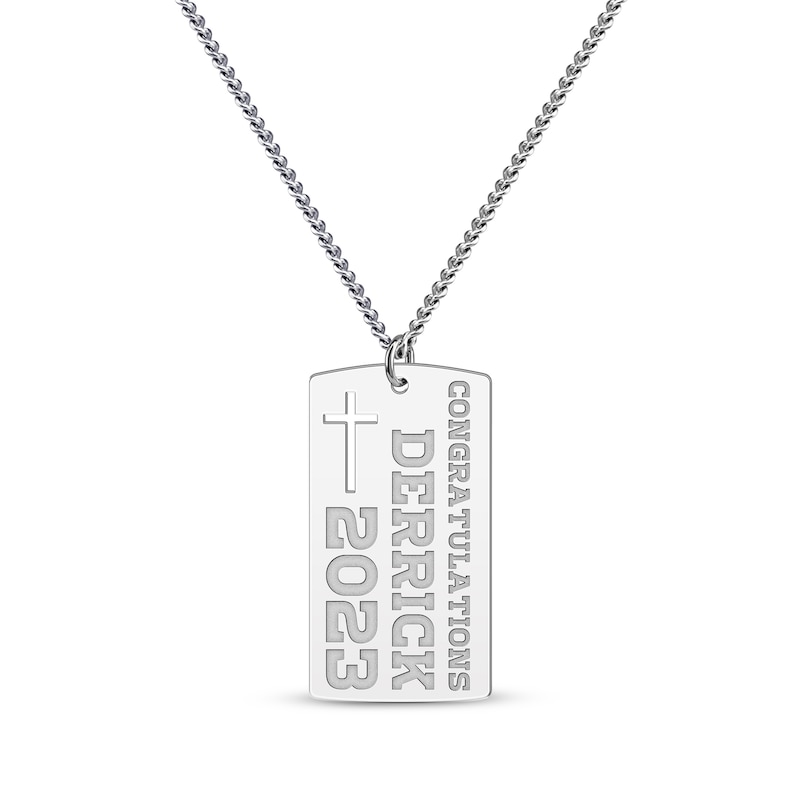 Main Image 1 of Men's Congratulations with Cutout Cross Name & Date Dog Tag Necklace Sterling Silver 22&quot;