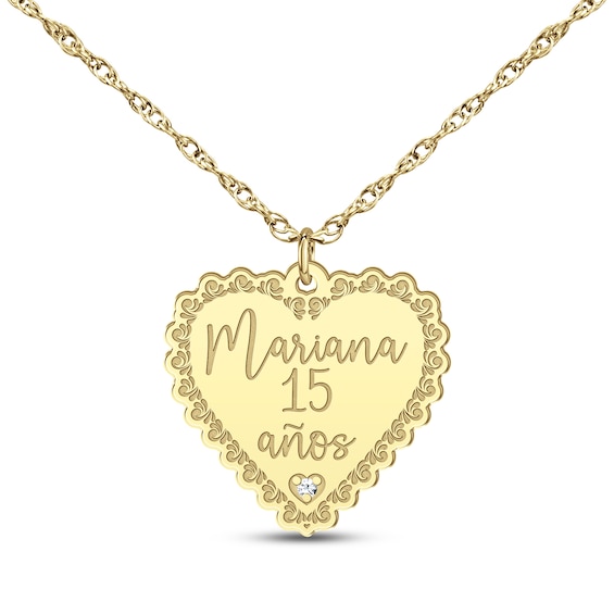 Quinceañera "15 Años" & Name Heart Necklace with Diamond Accent 10K Yellow Gold 18"