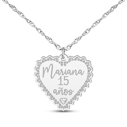 Quinceañera &quot;15 Años&quot; & Name Heart Necklace with Diamond Accent 14K White Gold 18&quot;