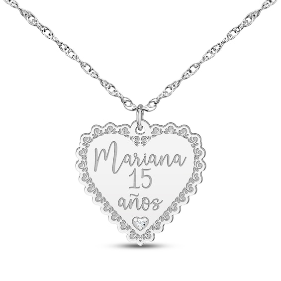 Quinceañera "15 Años" & Name Heart Necklace with Diamond Accent 14K White Gold 18"