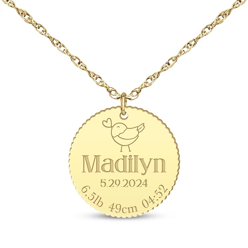 Baby Name & Stats Scalloped Disc Necklace 10K Yellow Gold 18"