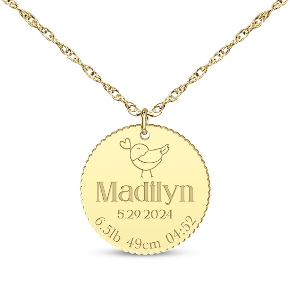 Baby Name & Stats Scalloped Disc Necklace 14K Yellow Gold 18"