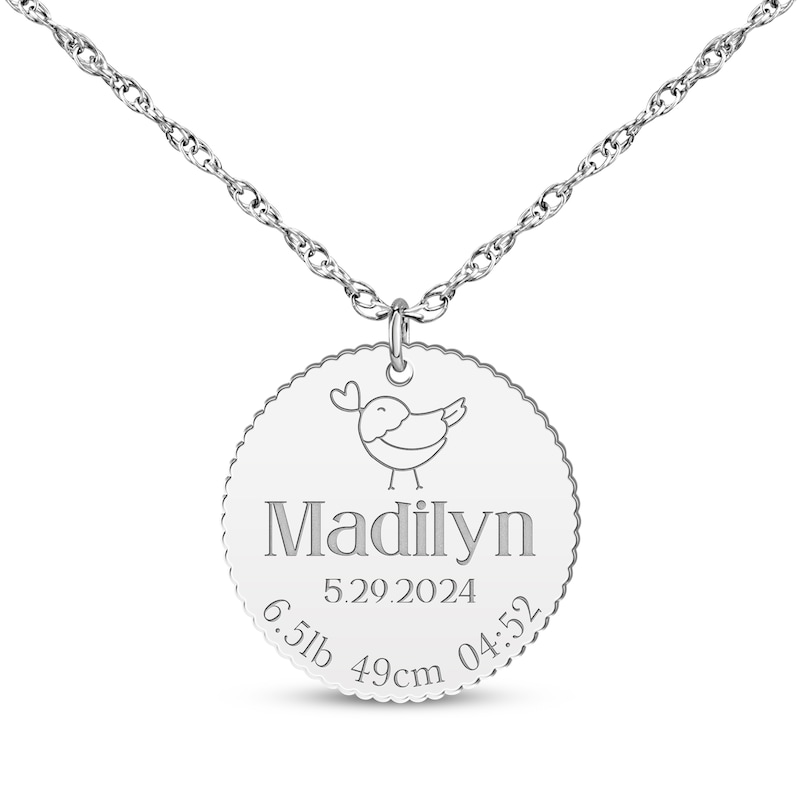 Main Image 1 of Baby Name & Stats Scalloped Disc Necklace 14K White Gold 18&quot;