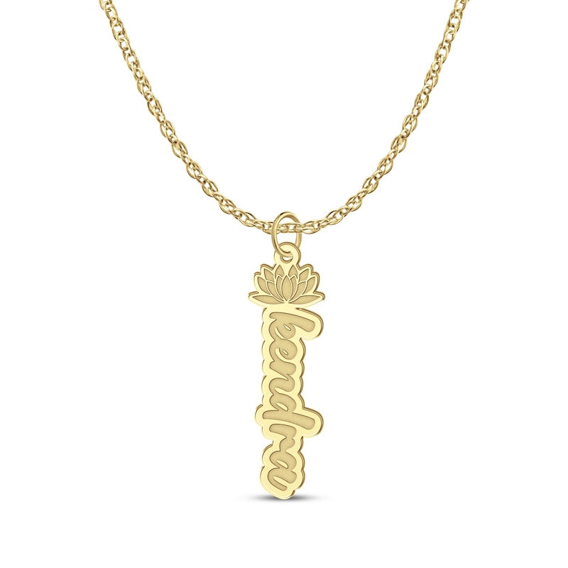 Main Image 1 of Flower-Topped Vertical Tag Name Necklace 14K Yellow Gold 18&quot;