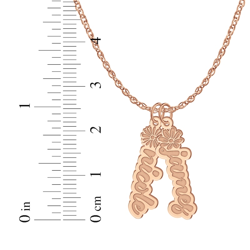 Flower-Topped Vertical Two Tag Name Necklace 14K Rose Gold 18"