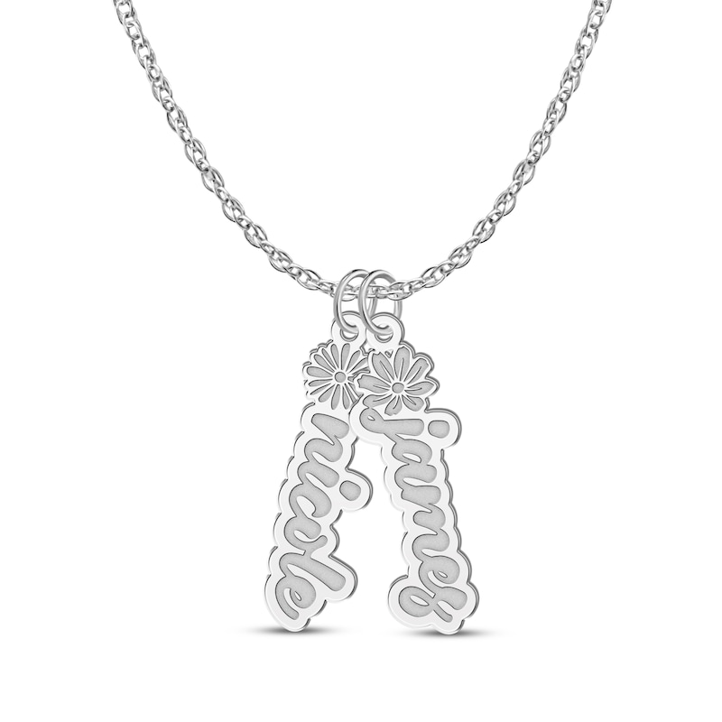 Flower-Topped Vertical Two Tag Name Necklace Sterling Silver 18"