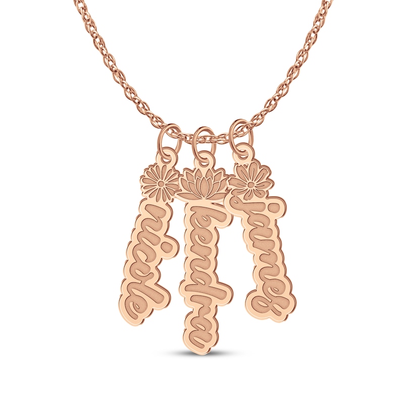 Main Image 1 of Flower-Topped Vertical Three Tag Name Necklace 14K Rose Gold 18&quot;