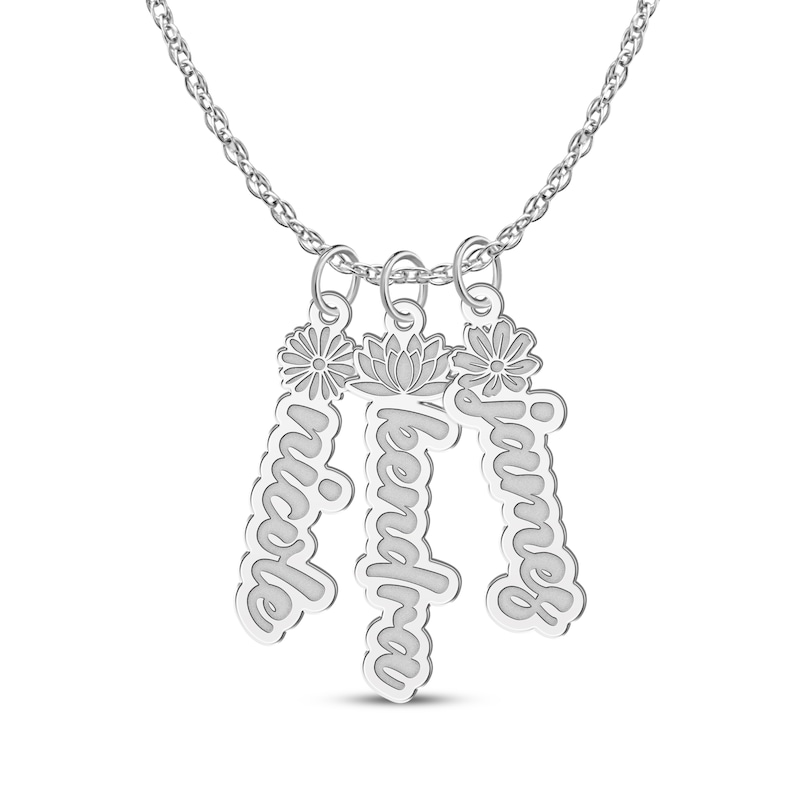 Flower-Topped Vertical Three Tag Name Necklace Sterling Silver 18