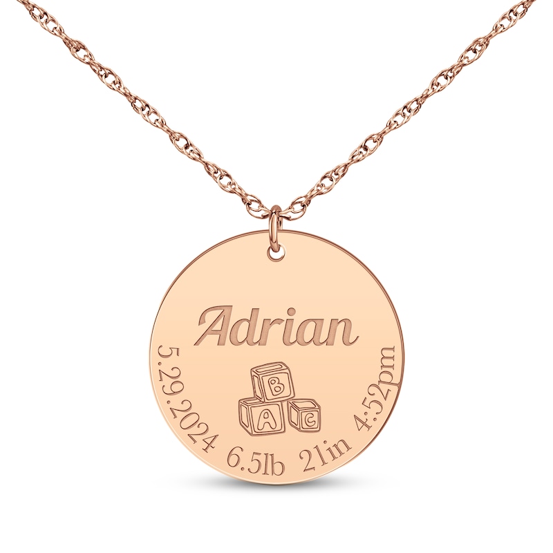 Main Image 1 of Baby Stats Alphabet Blocks Disc Necklace 14K Rose Gold 18&quot;