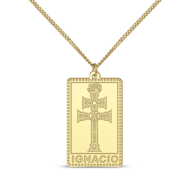 Two-Barred Cross Rectangle Name Necklace 10K Yellow Gold 22"