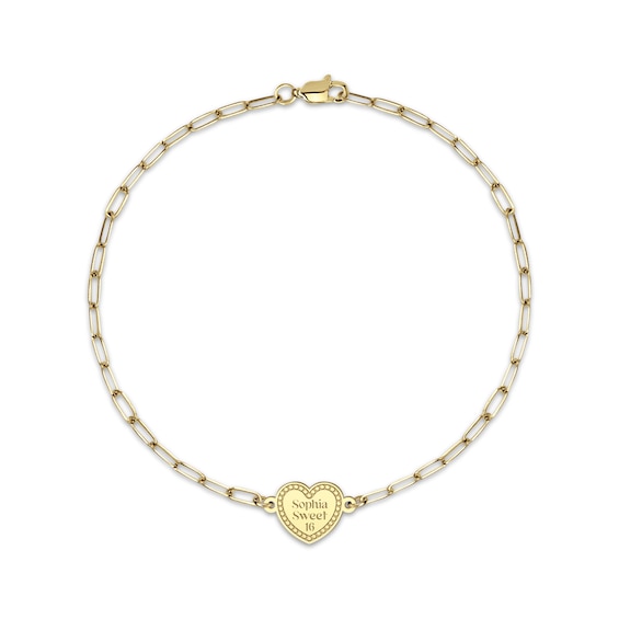 Engravable Heart Paperclip Chain Bracelet 14K Yellow Gold 7.5"