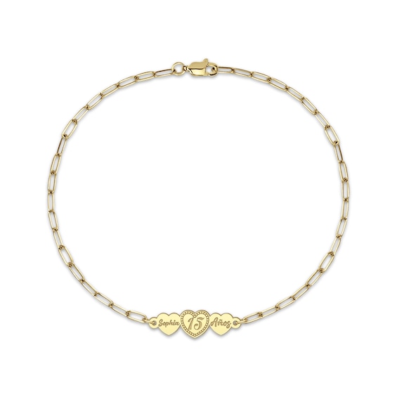 Engravable Three Hearts Paperclip Chain Bracelet 14K Yellow Gold 7.5"