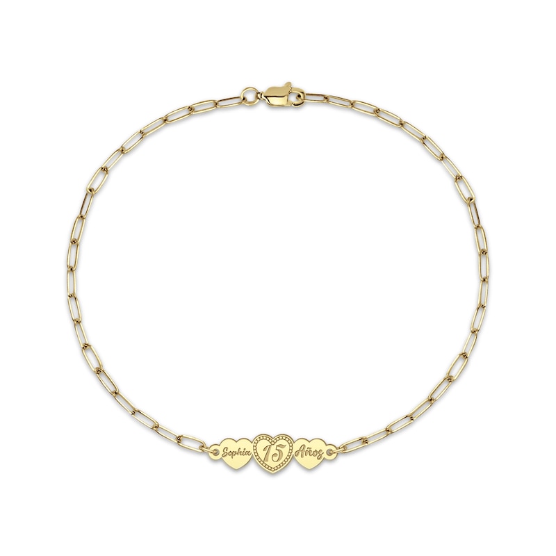 Engravable Three Hearts Paperclip Chain Bracelet 14K Yellow Gold 7.5"