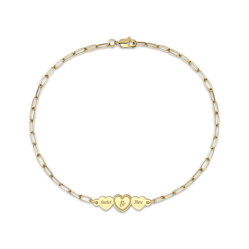 Engravable Three Hearts Paperclip Chain Bracelet 14K Yellow Gold 7.5"